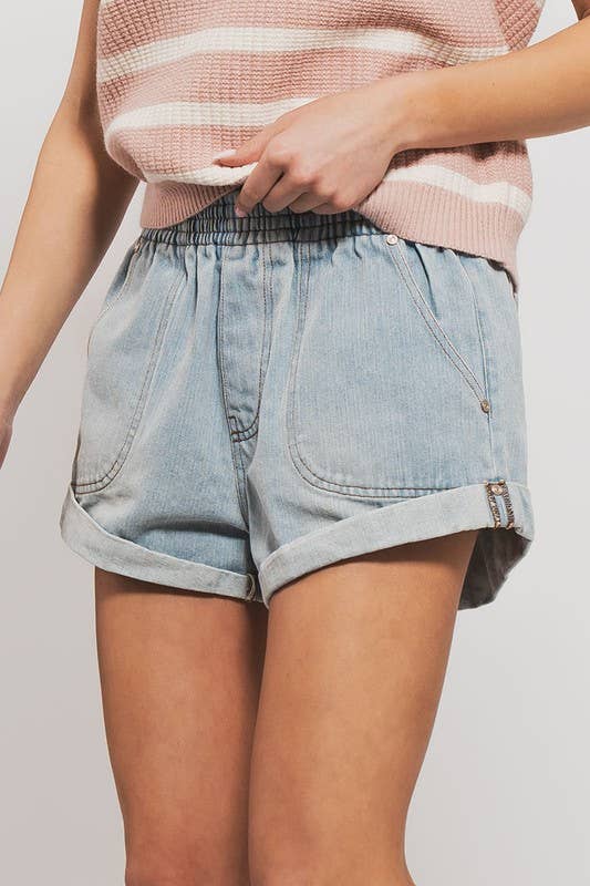 Summer to Fal dark denim Elastic Waist Cuffed Print Shorts Baggy