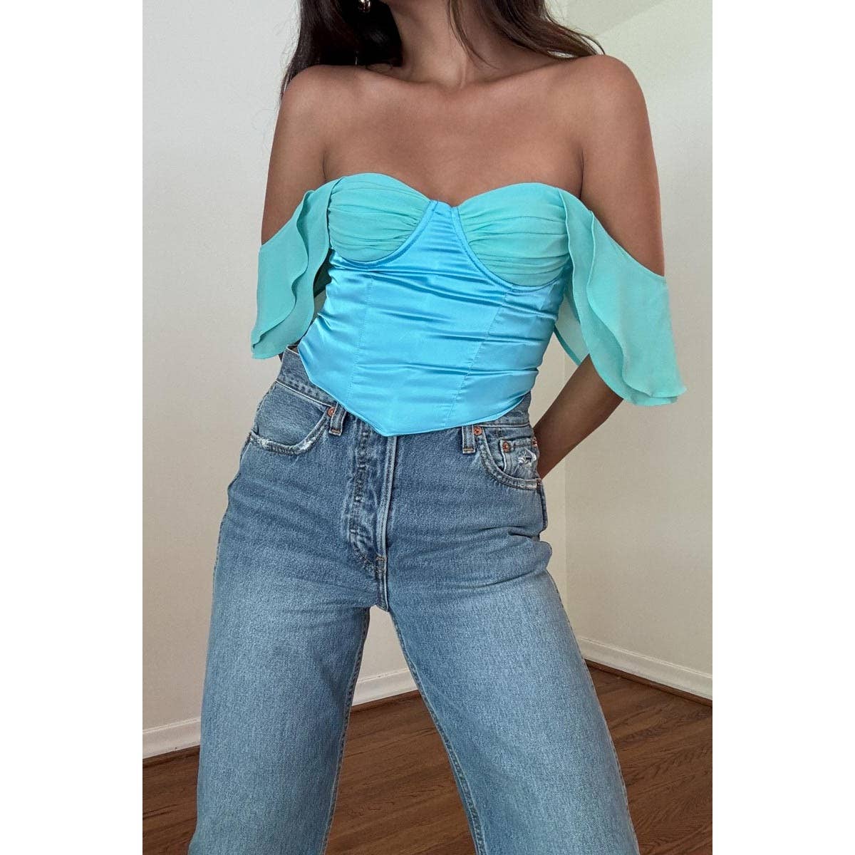 RUFFLE SLEEVE OFF THE SHOULDER CORSET TOP