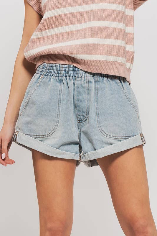 Summer to Fal dark denim Elastic Waist Cuffed Print Shorts Baggy