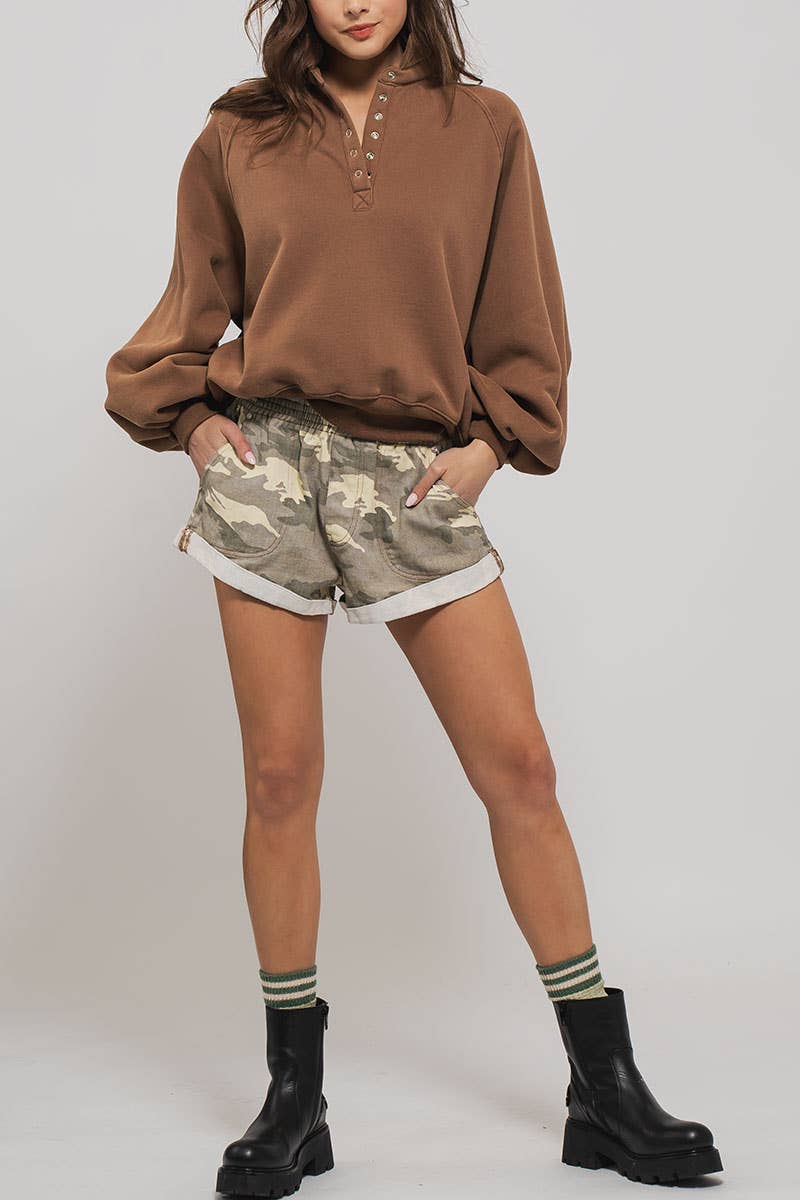 Summer to Fal dark denim Elastic Waist Cuffed Print Shorts Baggy