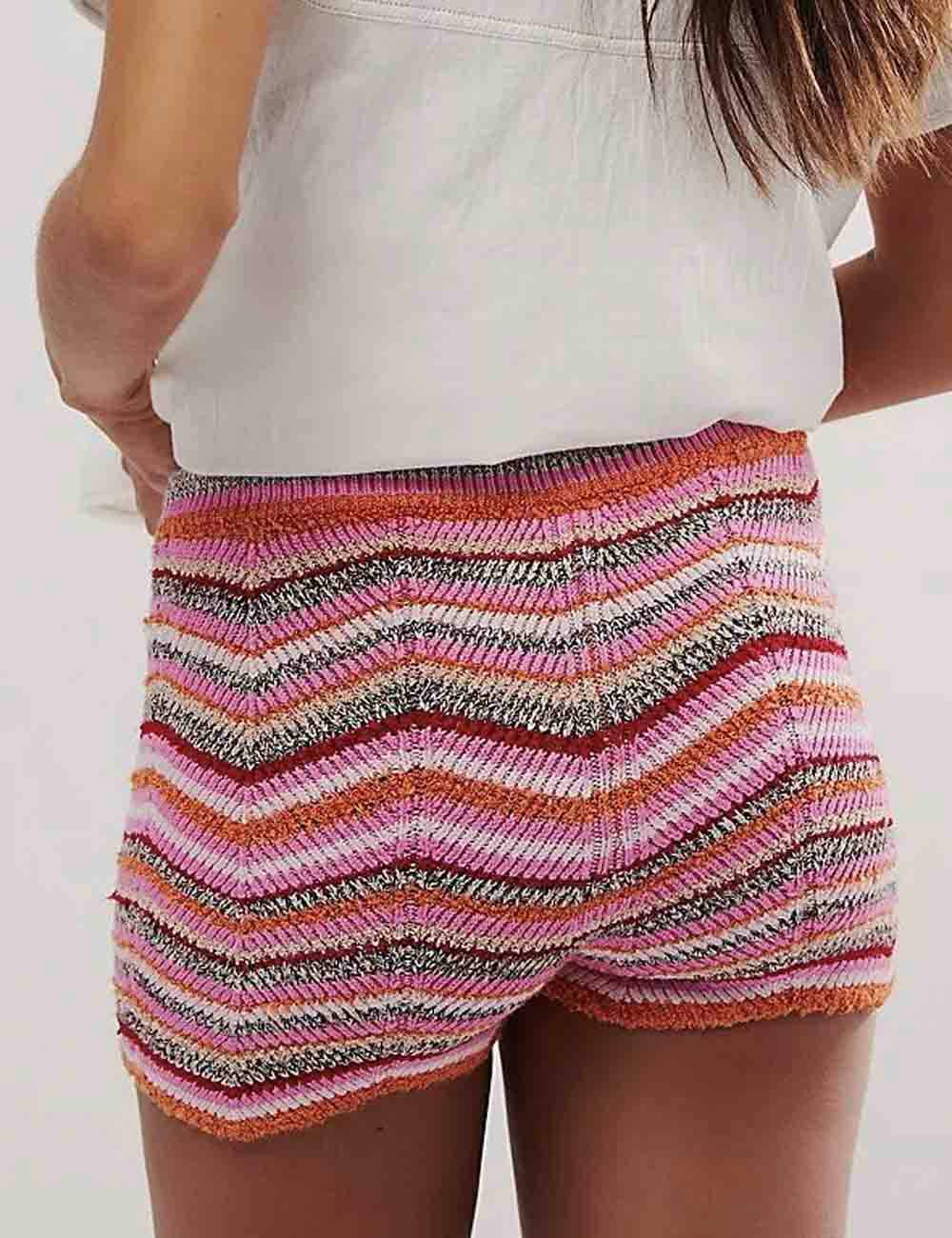Ladies Multicolor Stripe Fabric Elastic Waist Sweater Shorts