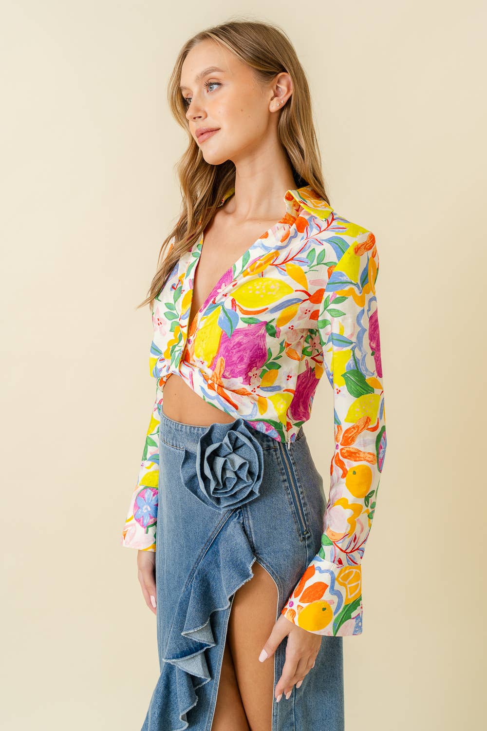 Tropical Print Collar Bell Cuff Cropped Shirt Top - TI5238FO
