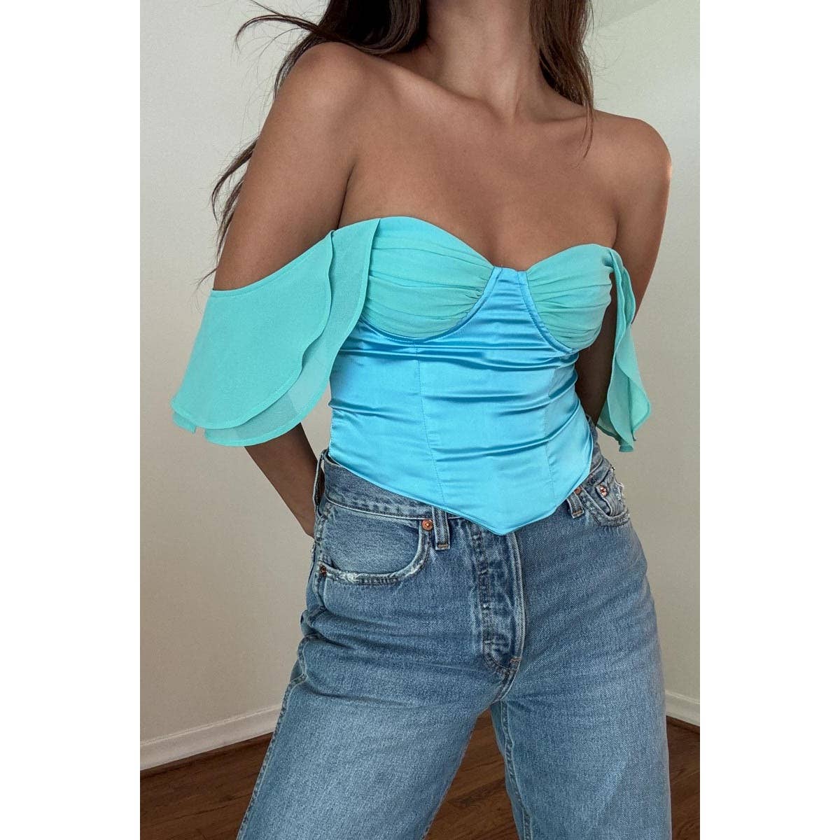 RUFFLE SLEEVE OFF THE SHOULDER CORSET TOP