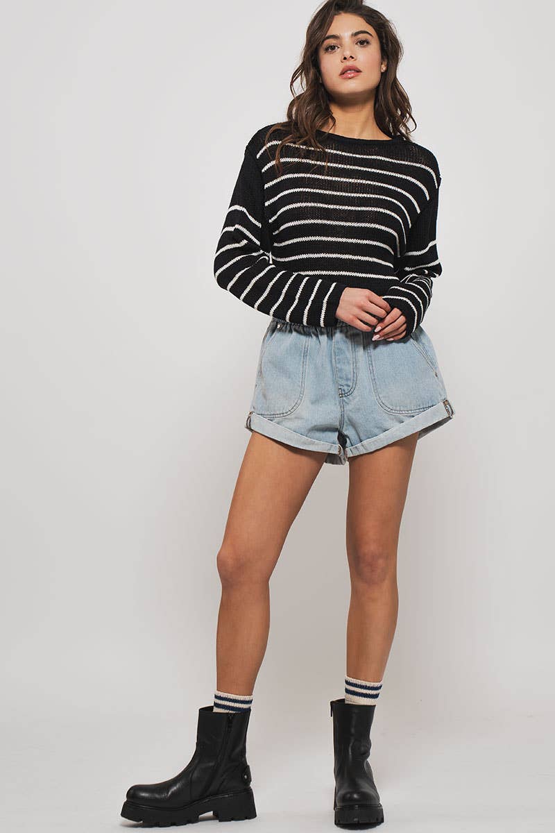 Summer to Fal dark denim Elastic Waist Cuffed Print Shorts Baggy