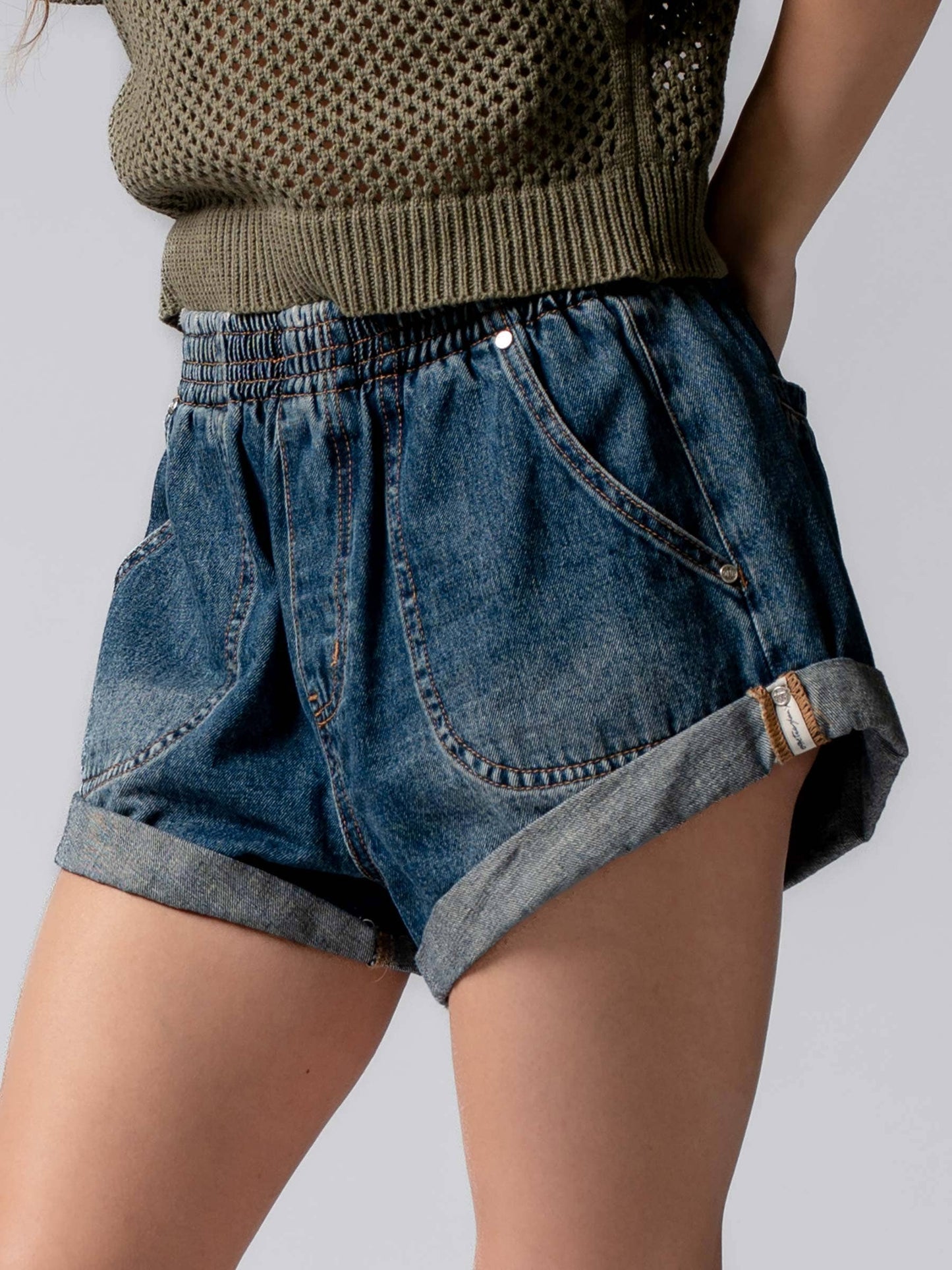 Summer to Fal dark denim Elastic Waist Cuffed Print Shorts Baggy