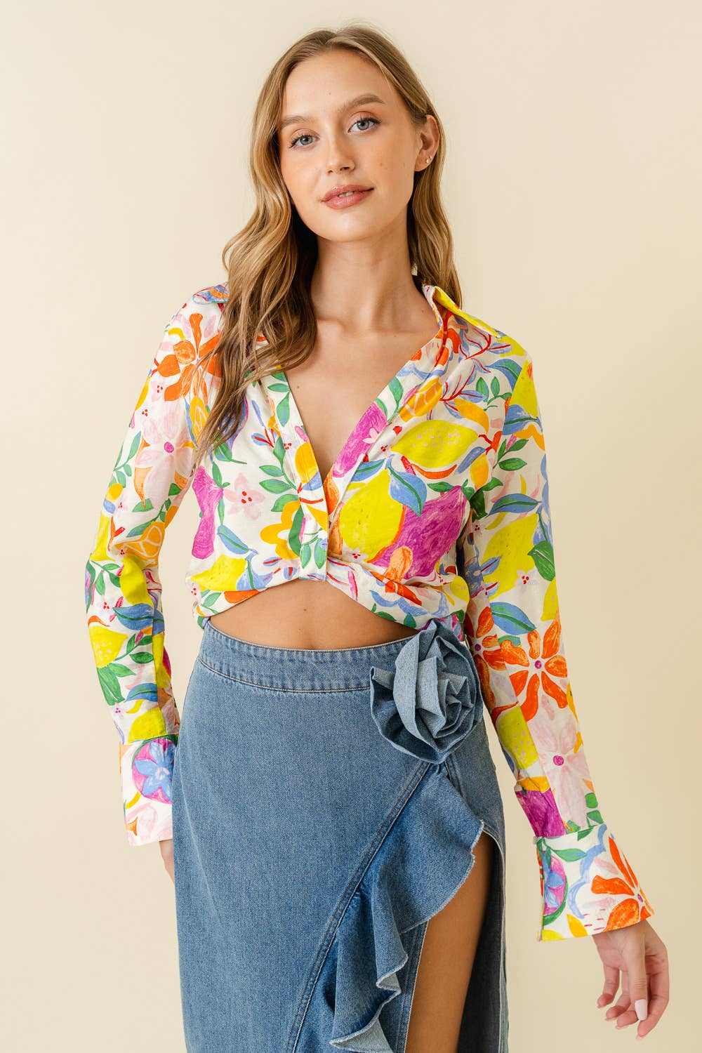Tropical Print Collar Bell Cuff Cropped Shirt Top - TI5238FO