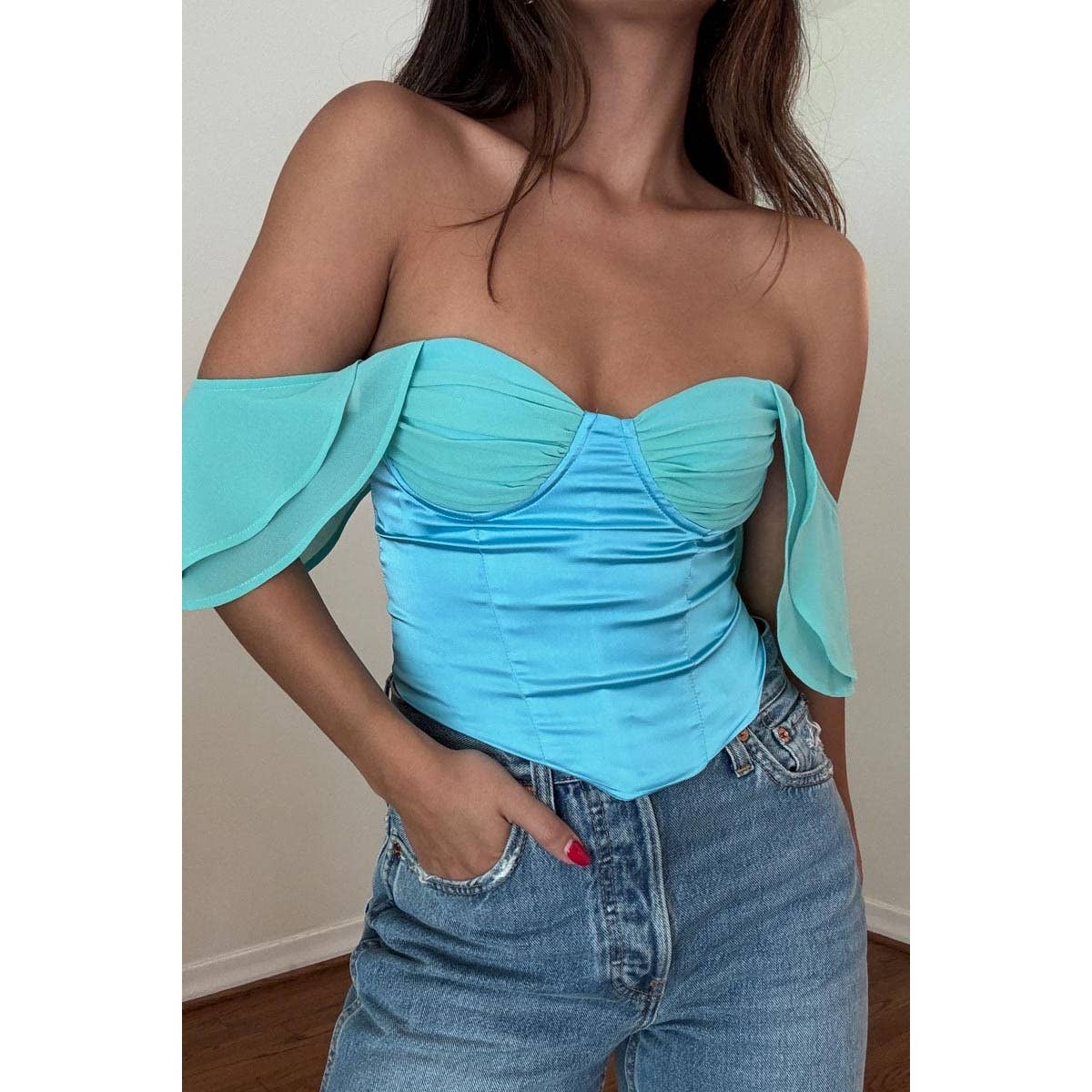 RUFFLE SLEEVE OFF THE SHOULDER CORSET TOP