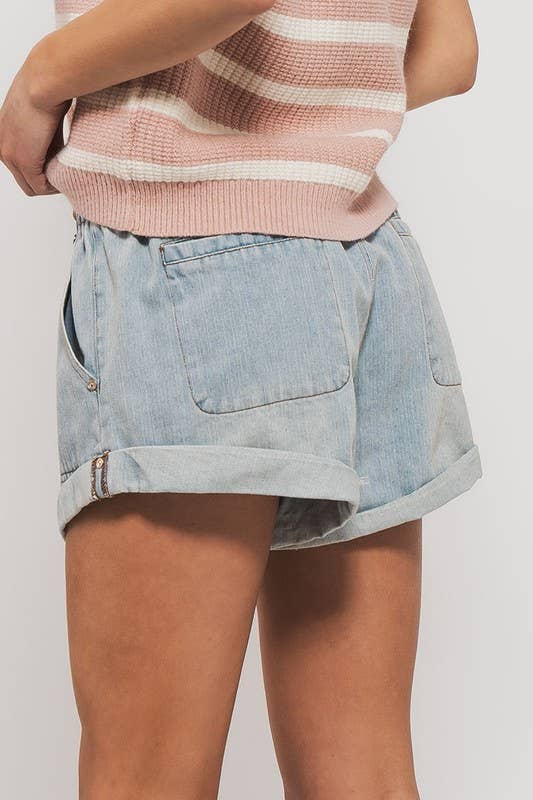 Summer to Fal dark denim Elastic Waist Cuffed Print Shorts Baggy