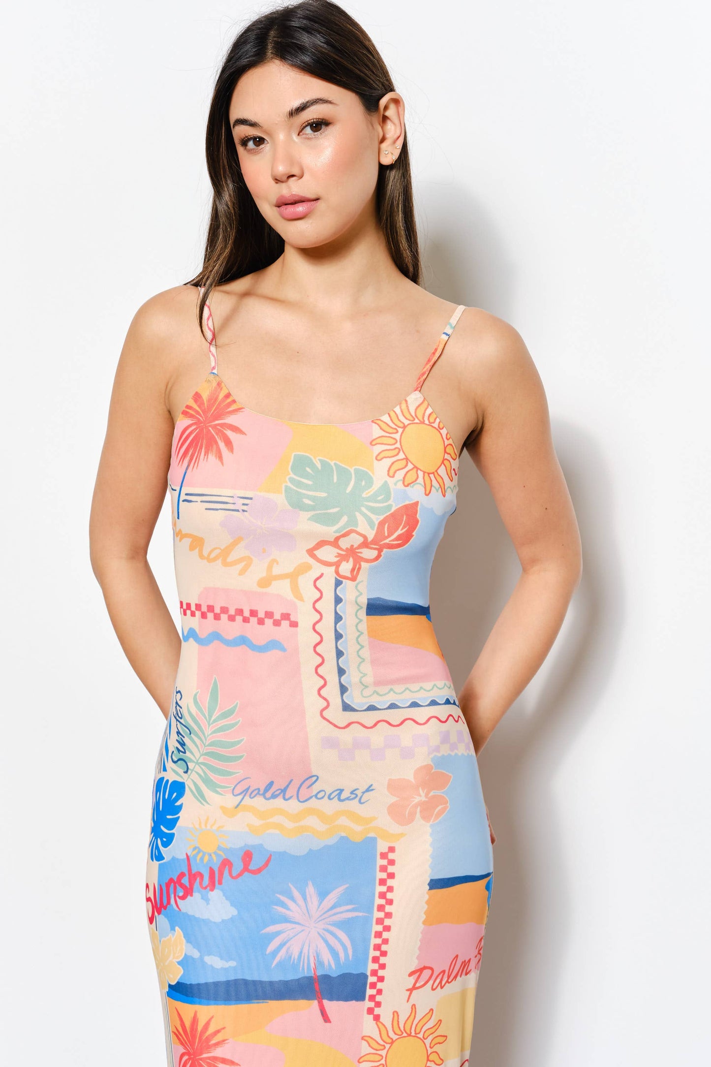 EXCLUSIVE BEACH PRINT MESH MAXI DRESS