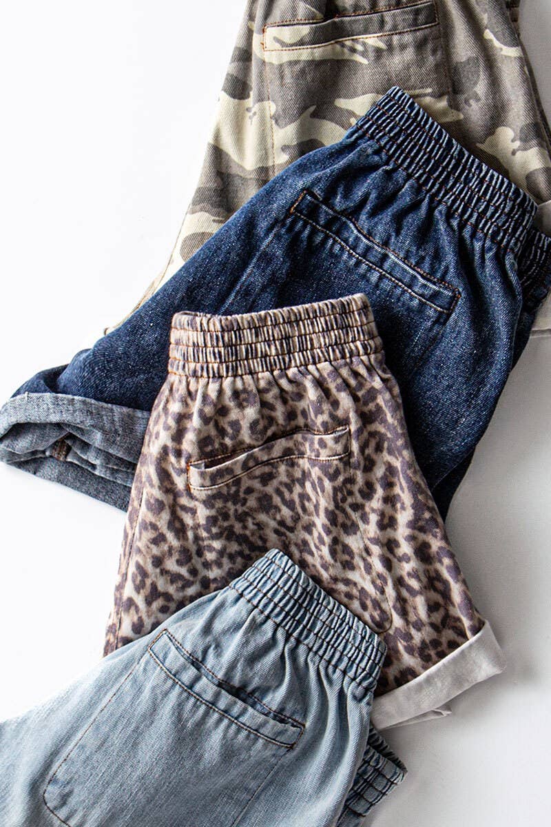 Summer to Fal dark denim Elastic Waist Cuffed Print Shorts Baggy