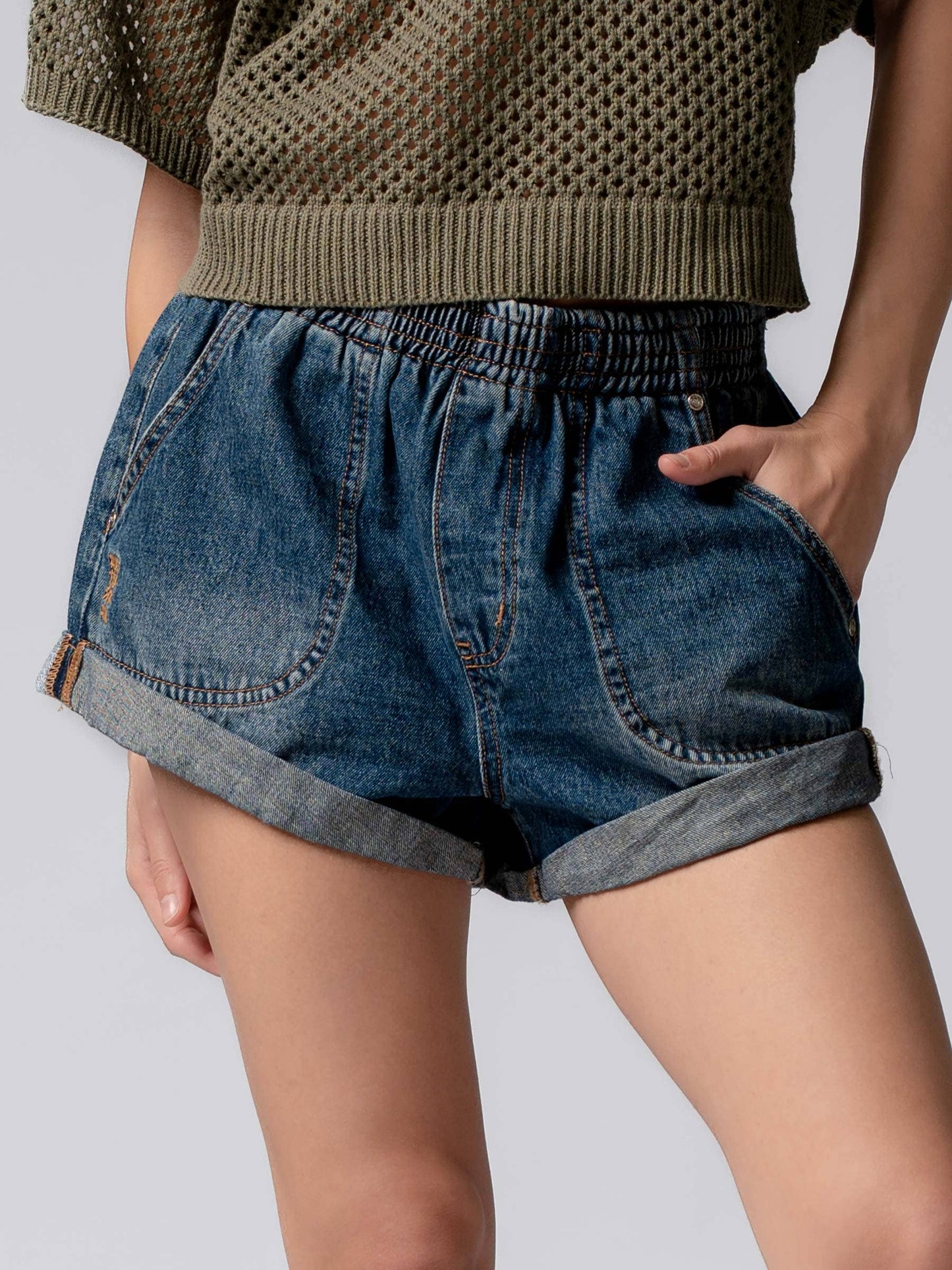 Summer to Fal dark denim Elastic Waist Cuffed Print Shorts Baggy