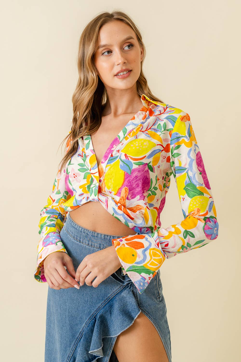 Tropical Print Collar Bell Cuff Cropped Shirt Top - TI5238FO