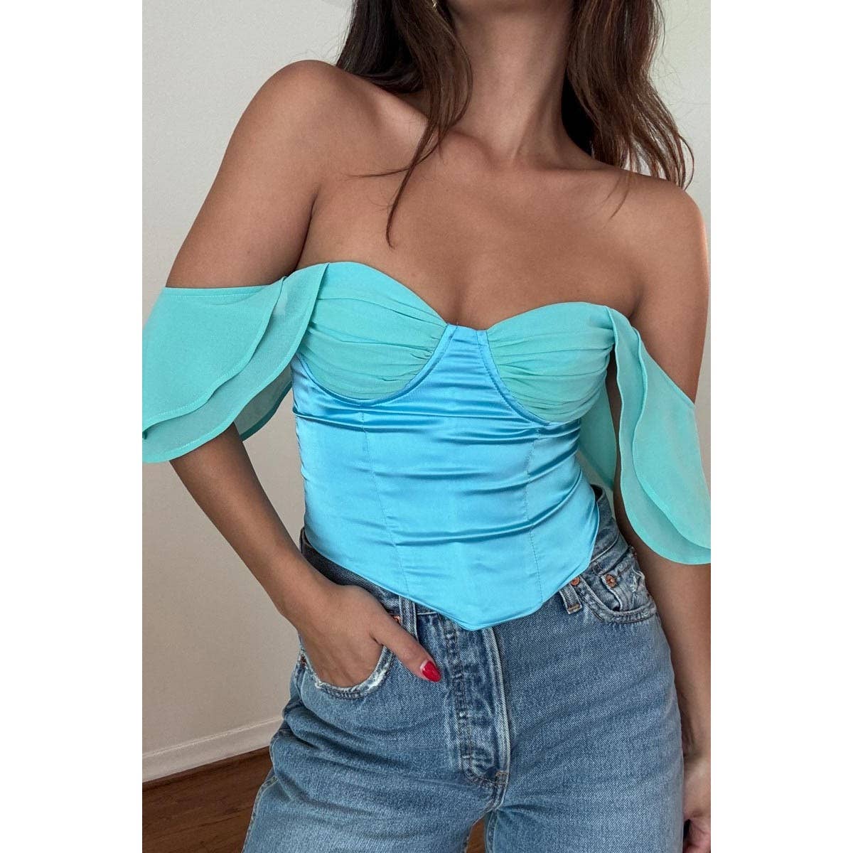 RUFFLE SLEEVE OFF THE SHOULDER CORSET TOP