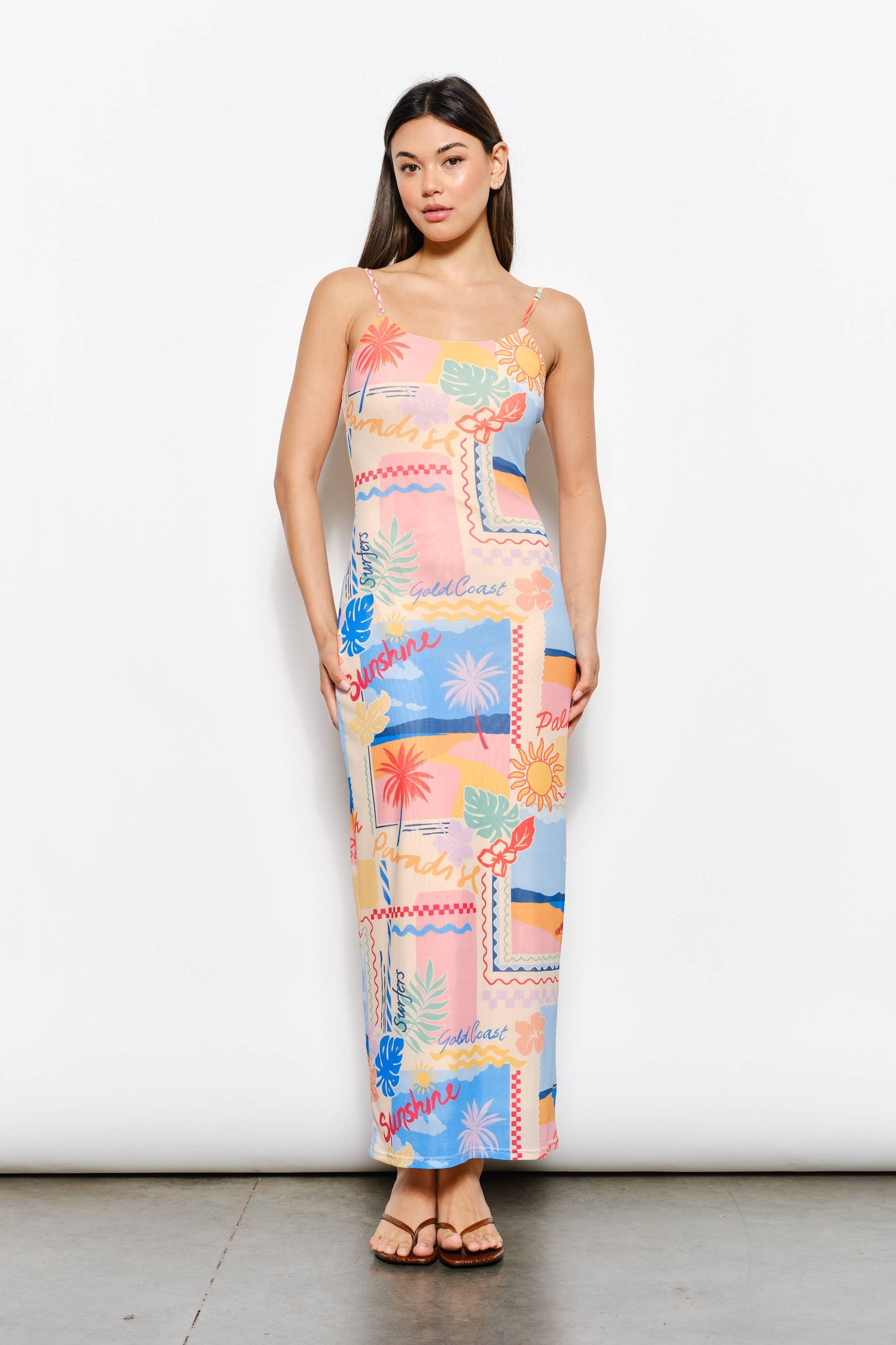 EXCLUSIVE BEACH PRINT MESH MAXI DRESS