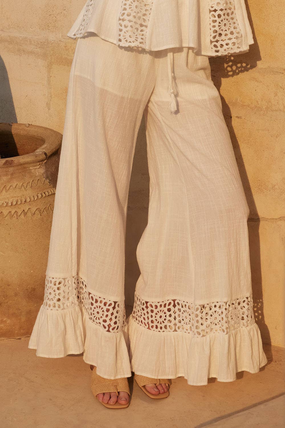 Cotton and Crochet Lace Wide-Leg Ruffle-Hem Pants