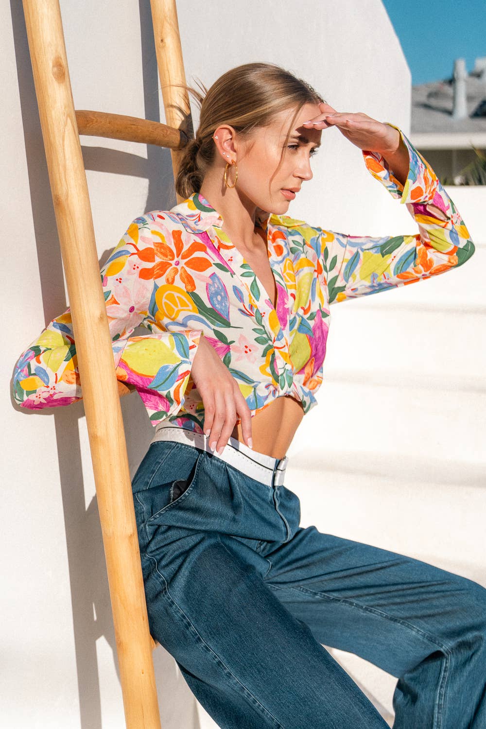 Tropical Print Collar Bell Cuff Cropped Shirt Top - TI5238FO