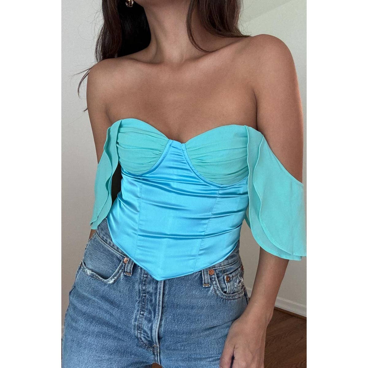 RUFFLE SLEEVE OFF THE SHOULDER CORSET TOP