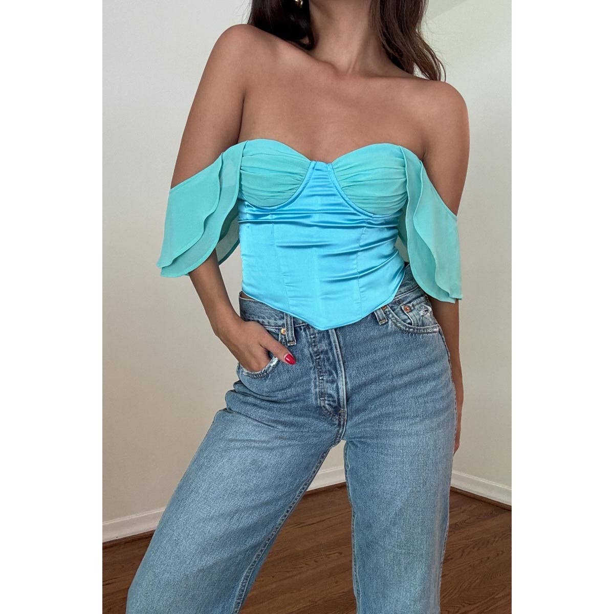 RUFFLE SLEEVE OFF THE SHOULDER CORSET TOP