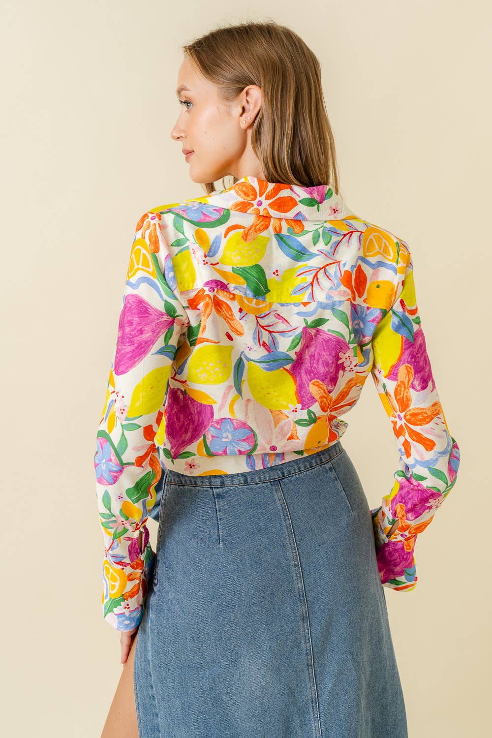 Tropical Print Collar Bell Cuff Cropped Shirt Top - TI5238FO