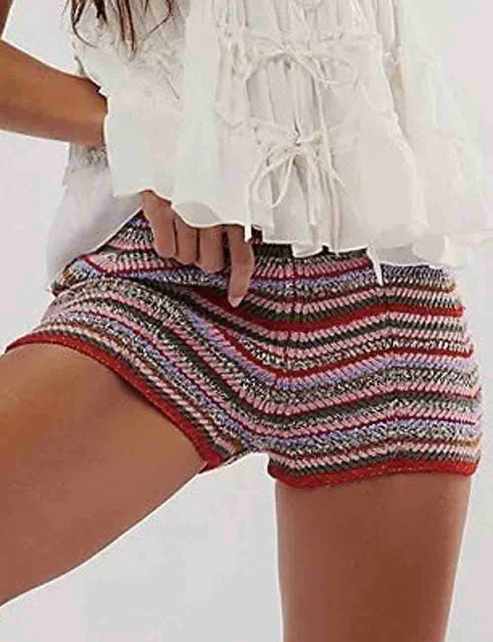 Ladies Multicolor Stripe Fabric Elastic Waist Sweater Shorts