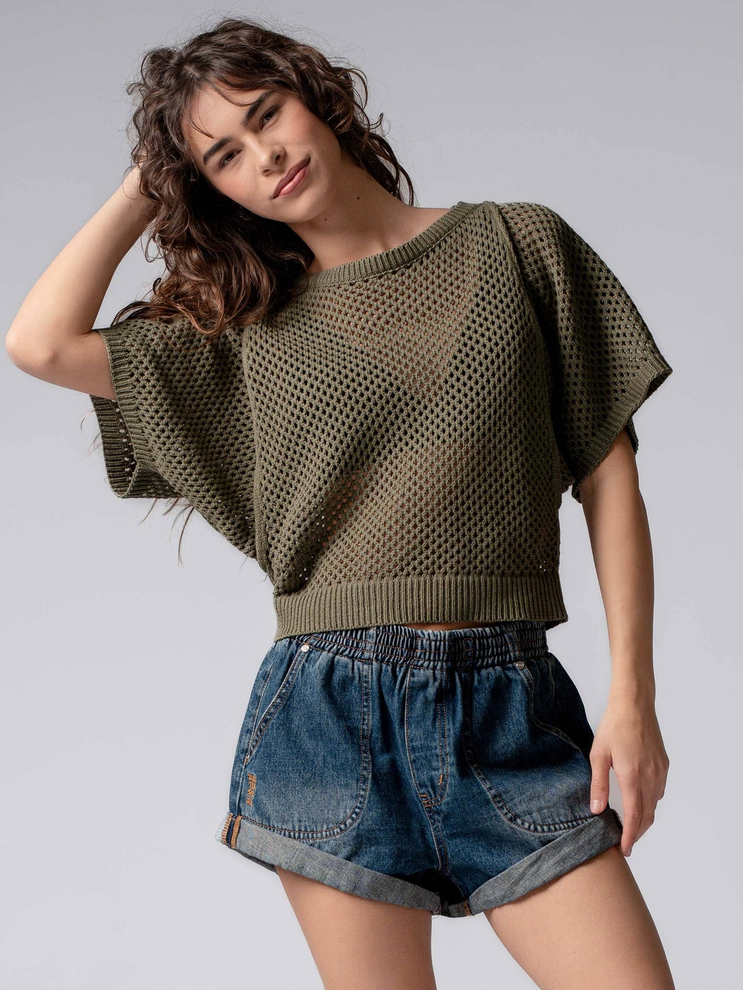 Summer to Fal dark denim Elastic Waist Cuffed Print Shorts Baggy