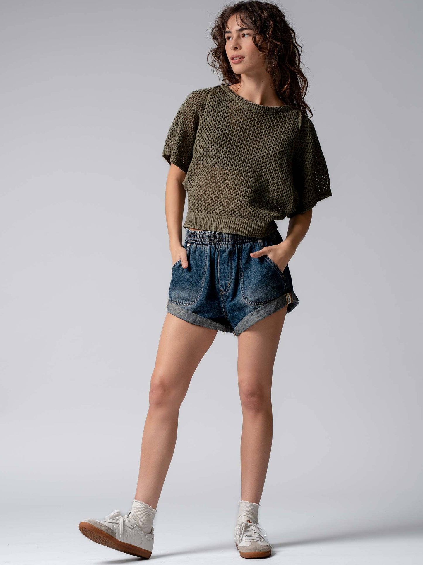 Summer to Fal dark denim Elastic Waist Cuffed Print Shorts Baggy
