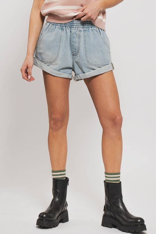Summer to Fal dark denim Elastic Waist Cuffed Print Shorts Baggy