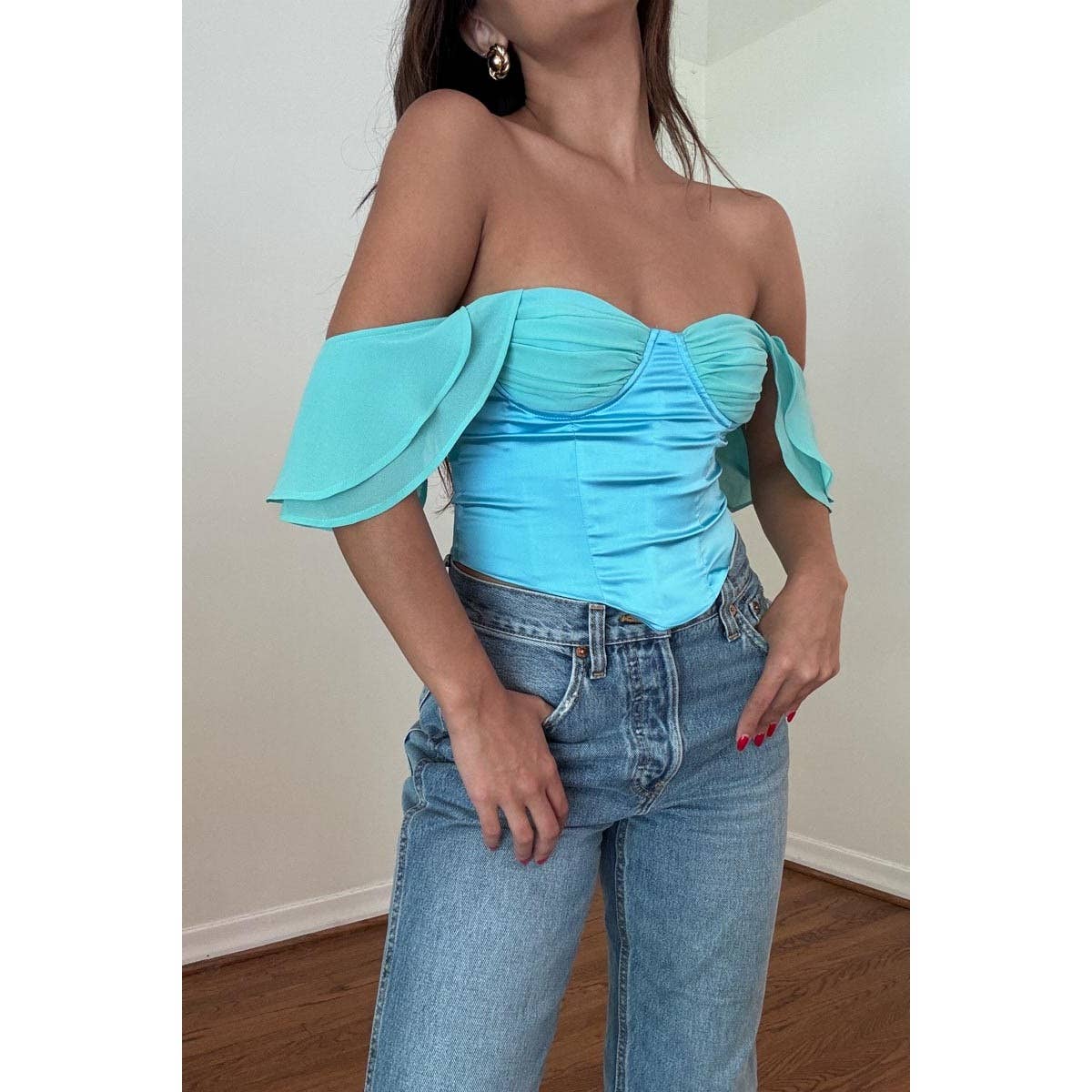 RUFFLE SLEEVE OFF THE SHOULDER CORSET TOP