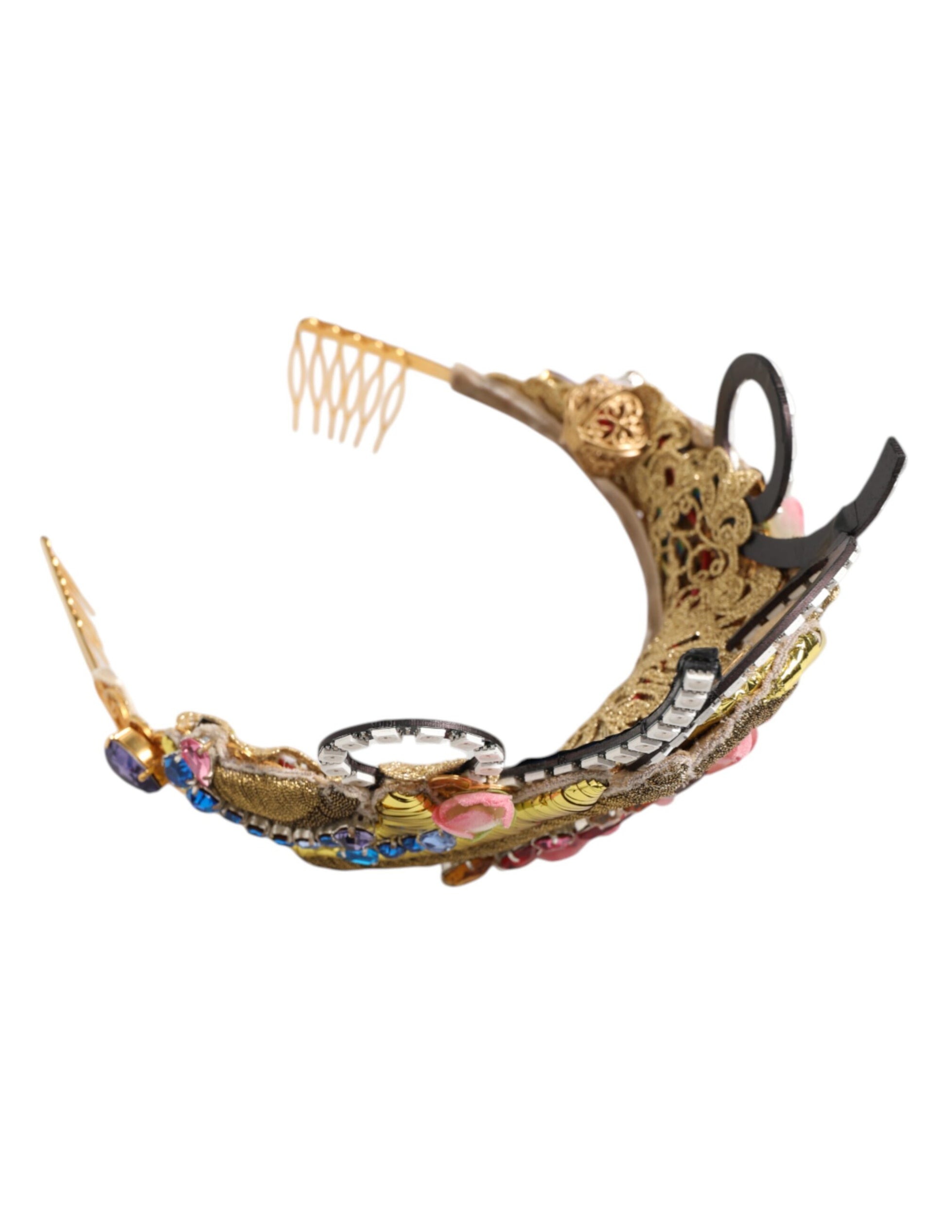 Gold Brass Crystal Embellished Headpiece Crown Diadem Tiara