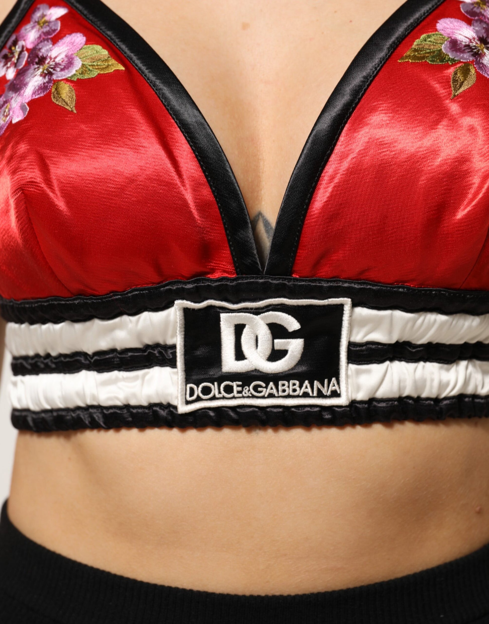 Red Satin Floral Embroidered Bralette Crop Top