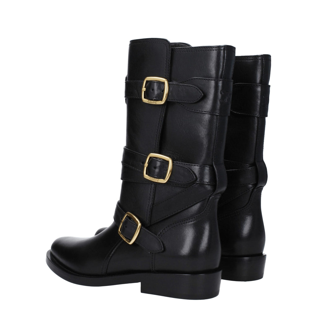 Black Leather Flat Boots