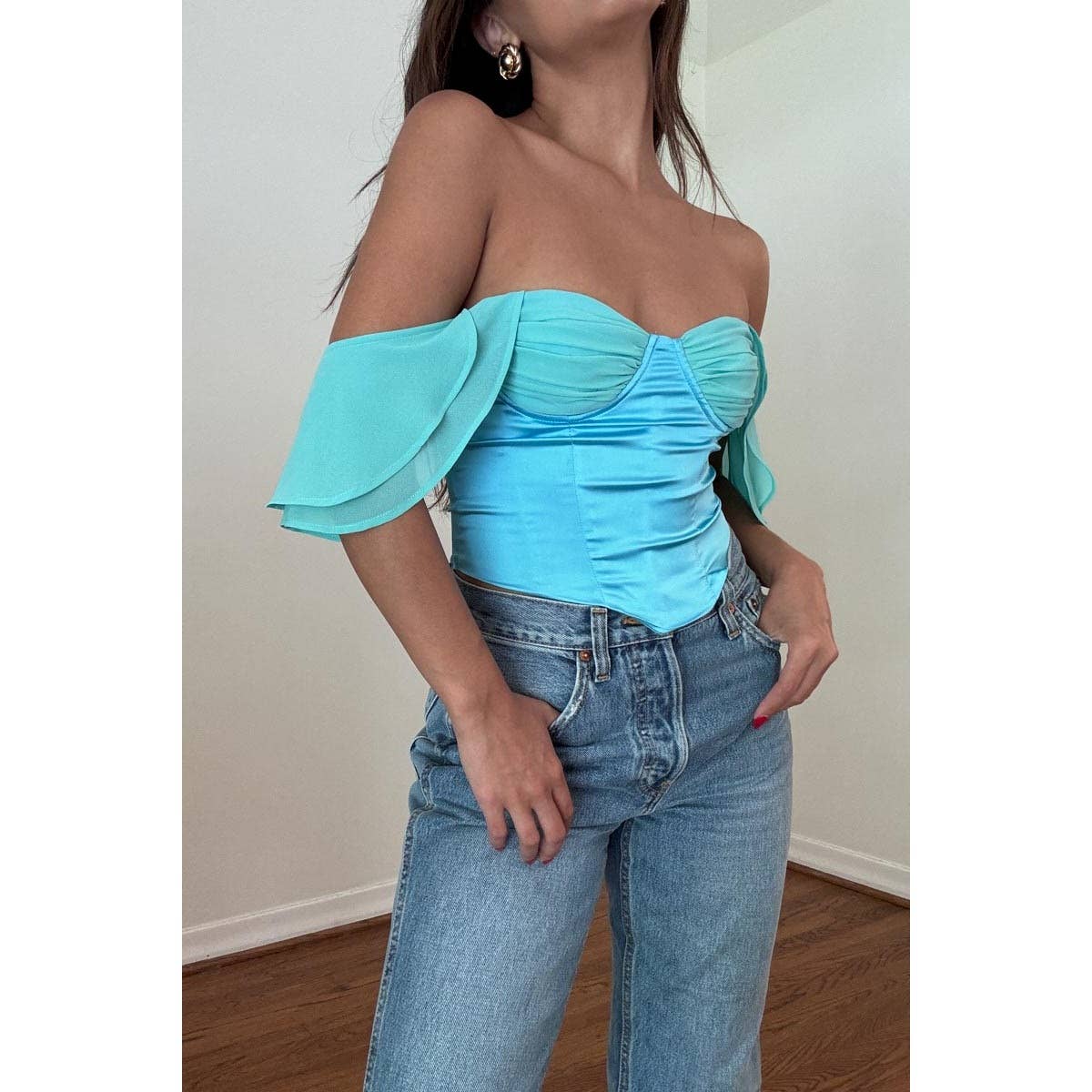 RUFFLE SLEEVE OFF THE SHOULDER CORSET TOP