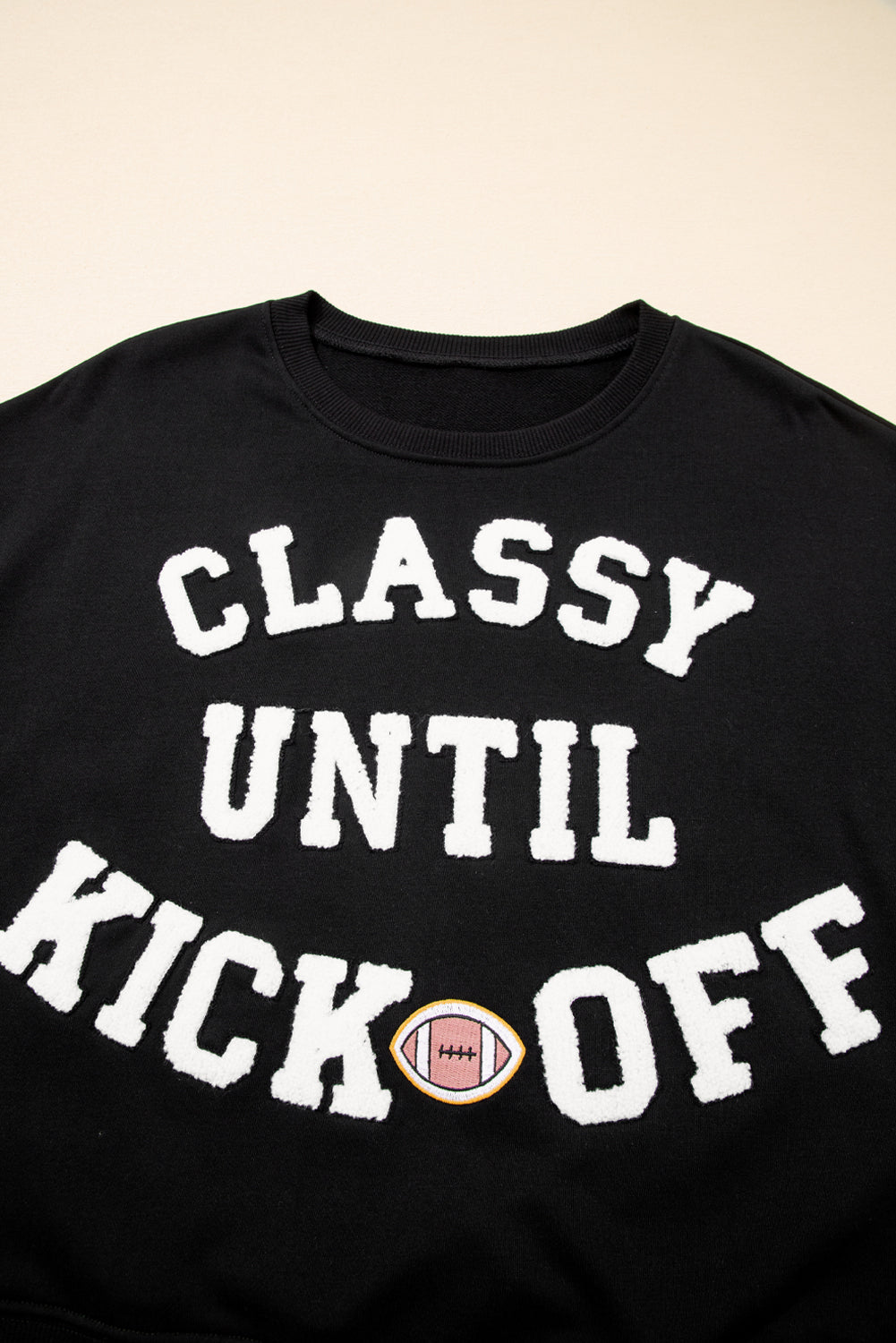 Navy Blue CLASSY UNTIL KICKOFF Plush Letter Patched Loose Sweatshirt