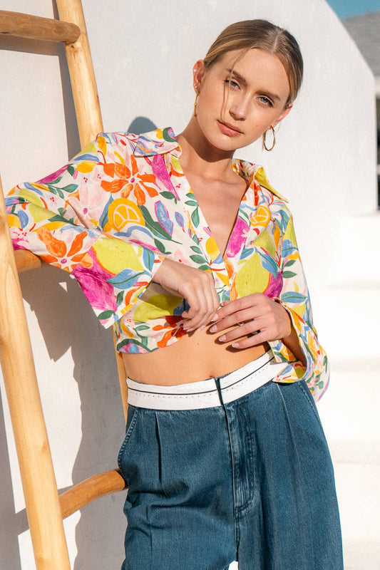Tropical Print Collar Bell Cuff Cropped Shirt Top - TI5238FO