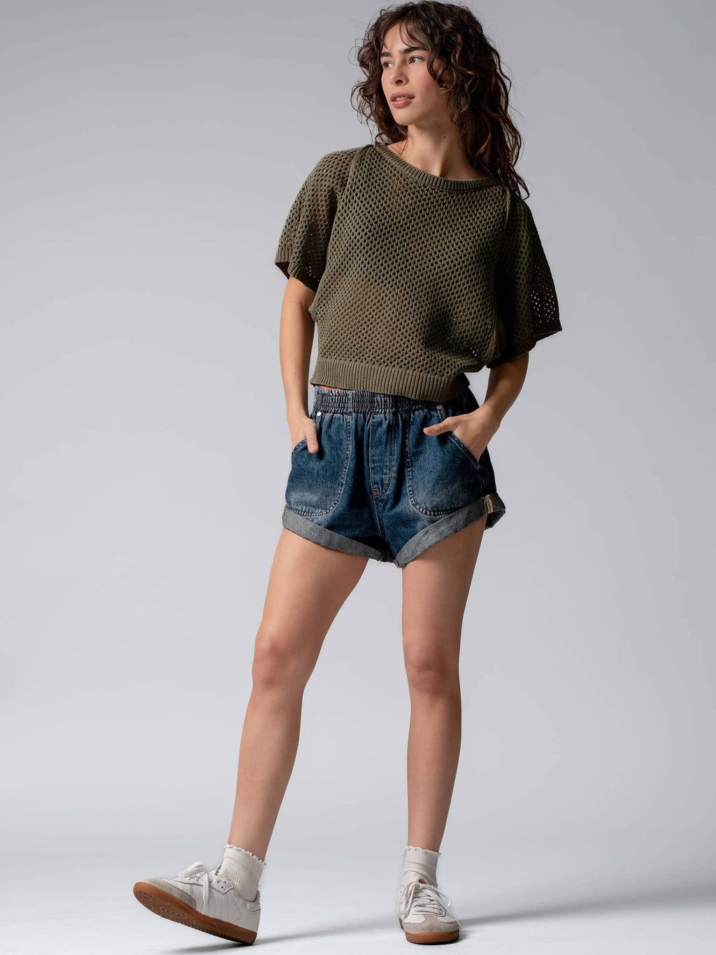 Summer to Fal dark denim Elastic Waist Cuffed Print Shorts Baggy